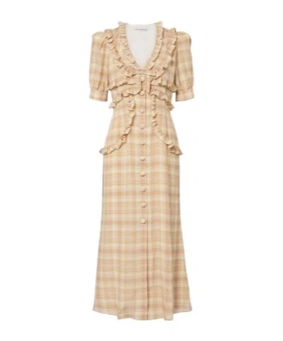 Alessandra Rich Ruffled Plaid Silk Midi Dress In Black