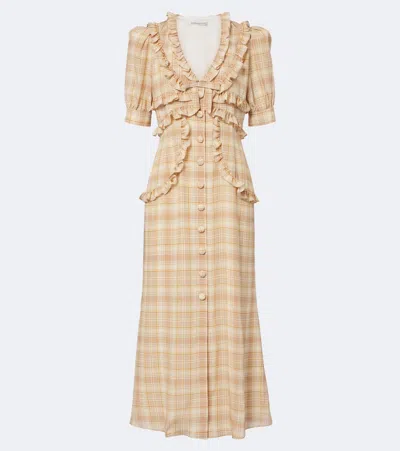 Alessandra Rich Ruffled Checked Silk Midi Dress In Neutral