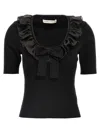 Alessandra Rich T-shirt With Ruffle And Bow Detail In Black