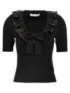 Alessandra Rich T-shirt With Ruffle And Bow Detail In Black