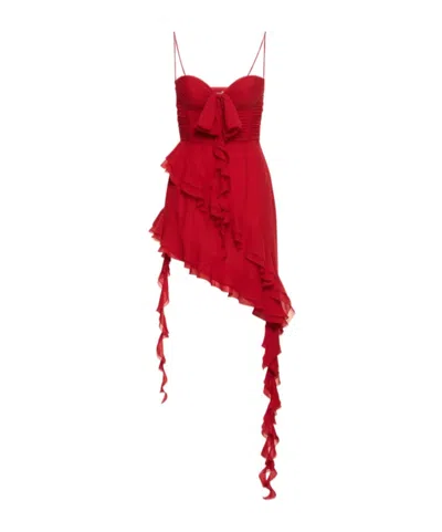Alessandra Rich Ruffled Silk Georgette Mini Dress In Red