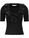Alessandra Rich T-shirt With Ruffle And Bow Detail In Black