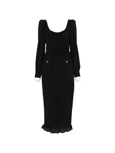 Alessandra Rich Ruffle-trim Scoop-neck Midi Dress In Black