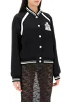 Alessandra Rich Satin Bomber Jacket With Logo Patch In Black