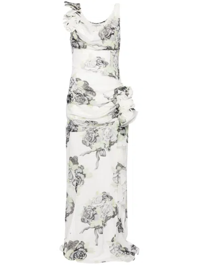 ALESSANDRA RICH WHITE ROSE-PRINT SILK DRESS