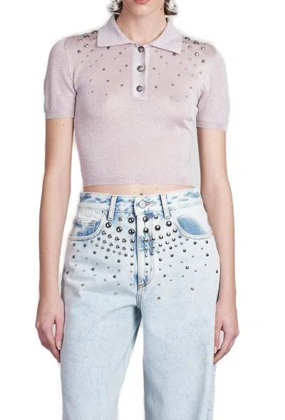 Alessandra Rich Semi Sheer Lurex Studded Polo Top In Pink