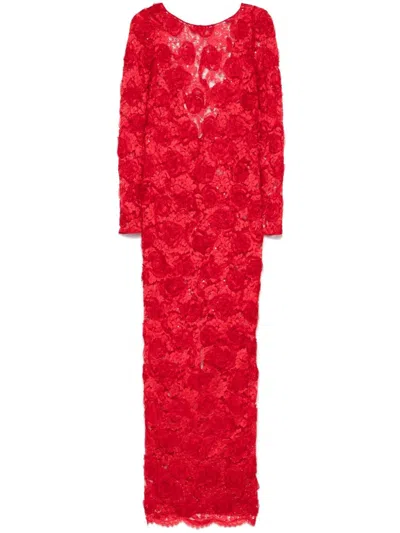 Alessandra Rich Sequin-embellished Floral-appliqué Maxi Dress In Red