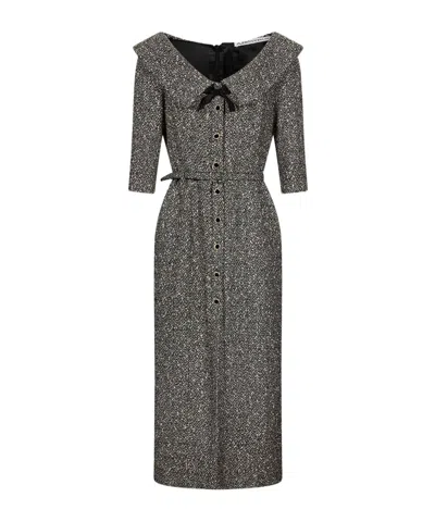 Alessandra Rich Sequin Tweed Off-shoulder Midi Dress In Gray
