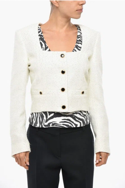 Alessandra Rich Sequined Tweed Blazer With Jewel Buttons In Neutral