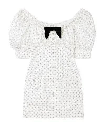 Alessandra Rich Velvet-trimmed Ruffled Polka-dot Cotton-poplin Mini Dress In White