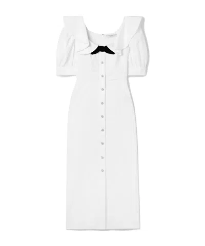 Alessandra Rich Velvet-trimmed Ruffled Cotton-poplin Midi Dress In White