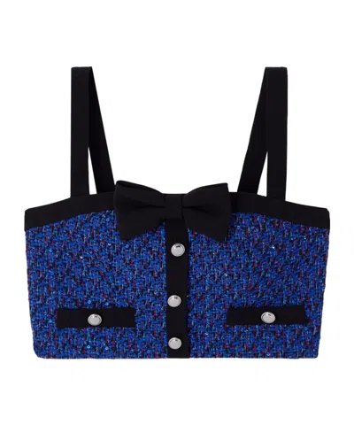 Alessandra Rich Embellished Cropped Cady-trimmed Tweed Top In Blue