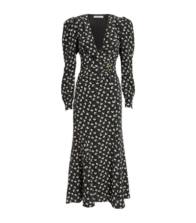 Alessandra Rich Clover Wrap-effect Floral-print Silk-crepe Midi Dress In Black