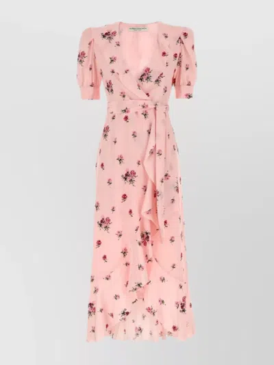 Alessandra Rich Silk Dress With Puff Sleeves And Floral Pattern In Pink