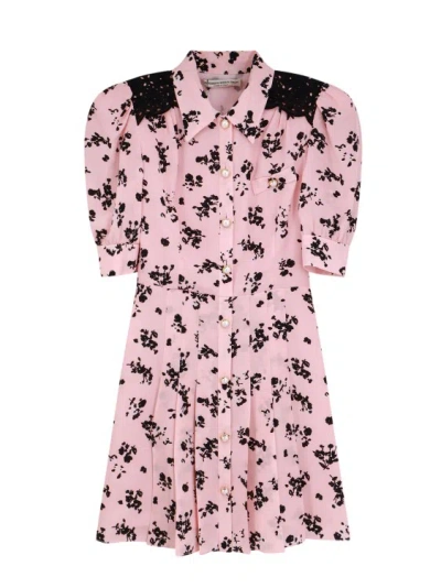 Alessandra Rich Silk Dress With Rose Print In Pink