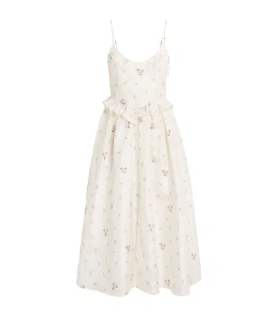 Alessandra Rich Silk Floral Midi Dress In White