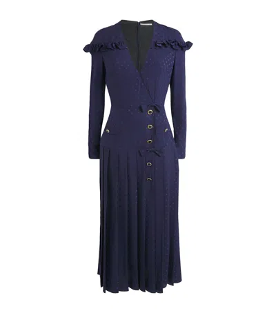 Alessandra Rich Womens Pleated Jacquard Silk Midi Dress Navy Blue