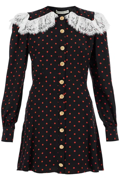 Alessandra Rich Lace-trimmed Polka-dot Silk-crepe Mini Dress In Black