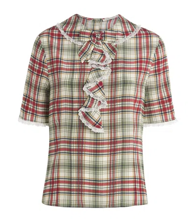 Alessandra Rich Silk Tartan Jabot Blouse