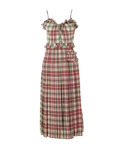 Alessandra Rich Pleated Checked Ruffled Silk-crepe De Chine Midi Dress In Green