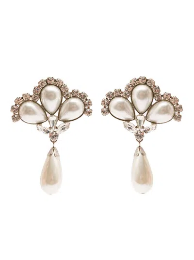 Alessandra Rich Silver-colored Clip-on Crystal Earrings With Pendant Pearl
