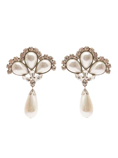 Alessandra Rich Silver-colored Clip-on Crystal Earrings With Pendant Pearl In Hypoallergenic Brass Woman In Grey
