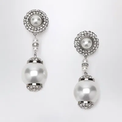 Alessandra Rich Silvertone Clip Earrings With Pearl And Crystal Pendant In White