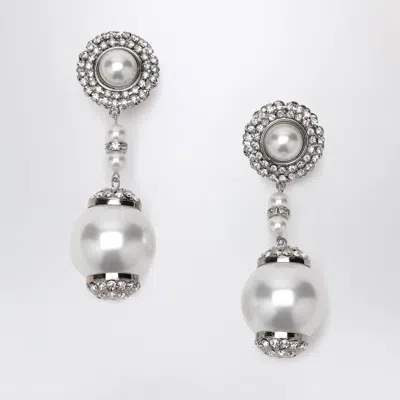 Alessandra Rich Silver-tone Clip Earrings With Pearl And Crystal Pendant In Metallic