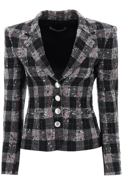 Alessandra Rich Single-breasted Jacket In Boucle' Fabric With Check Motif In Black