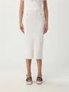 Alessandra Rich Ribbed High Waist Midi Skirt With Back Slit In White