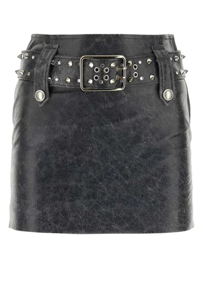 Alessandra Rich Women's Leather Mini Skirt With Belt And Appliques In Grey