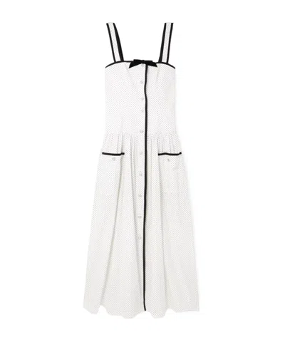 Alessandra Rich Bow-detailed Velvet-trimmed Gathered Printed Cotton-poplin Midi Dress In White