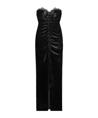 Alessandra Rich Sleveless Bow-embellished Gathered Lace-trimmed Velvet Gown In Black