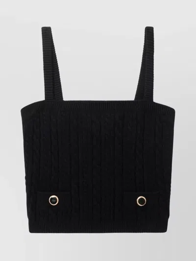 Alessandra Rich Square Neckline Knit Top With Jewel Buttons In Black