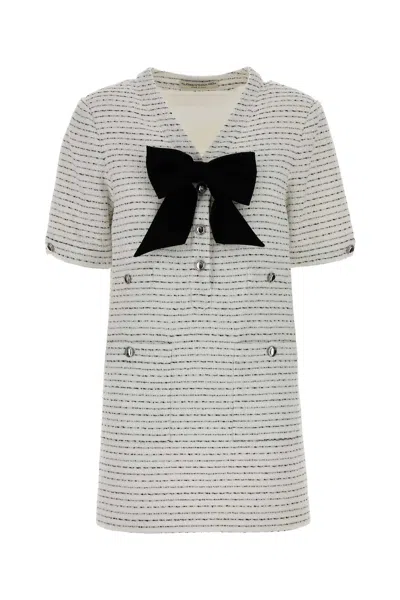 Alessandra Rich Striped Tweed With Bow Dress In Gray
