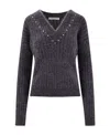 Alessandra Rich Wool Knit Sweater With Studs And Crystals In Black