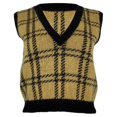 Alessandra Rich Tartan Knit Waistcoat In Yellow Mohair In Green