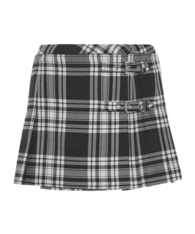 Alessandra Rich Tartan Wool Mini Skirt W/ Buckles In Gray