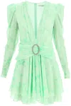 Alessandra Rich Gathered Crystal-embellished Printed Silk-georgette Mini Dress In Neon Green (green)