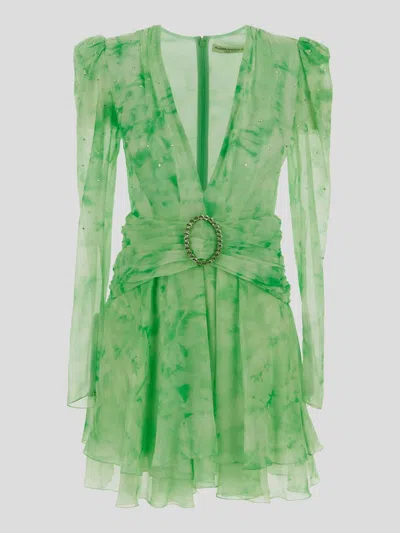 Alessandra Rich Tie Dye Silk Georgette Mini Dress With Hotfix In Neongreen
