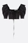 Alessandra Rich Lace-up Ruffle-trimmed Cropped Top In Black