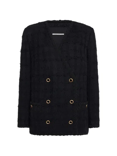 Alessandra Rich Check Tweed Boucle Double Breasted Jacket In Black