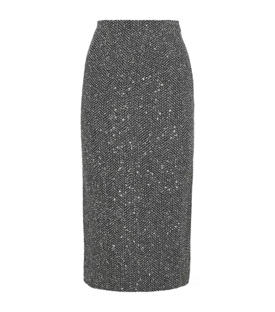 Alessandra Rich Tweed Embellished Midi Pencil Skirt In Gray