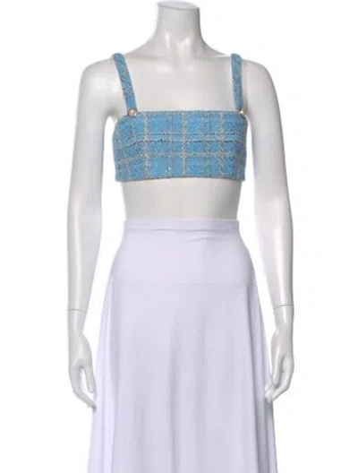Pre-owned Alessandra Rich Tweed Pattern Square Neckline Crop Top In Blue