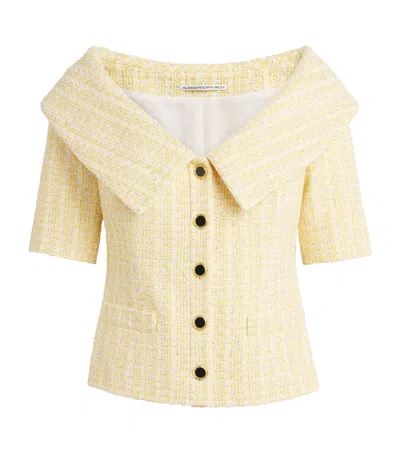 Alessandra Rich Tweed Sequin Off-the-shoulder Top In Yellow