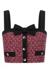 Alessandra Rich Wool Blend Tweed Top With Micro-sequin Embroidery And Bow Detail In Pink