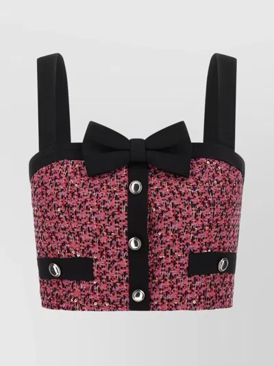 ALESSANDRA RICH TWEED TOP WITH BOW AND SEQUIN ACCENTS