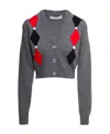 Alessandra Rich Grey Cardigan With 'diamond' Motif And Embroidered Rose Detail In Black