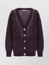 ALESSANDRA RICH V-NECK OVERSIZED CARDIGAN WITH RHINESTONES AND PEARL EMBELLISHMENTS
