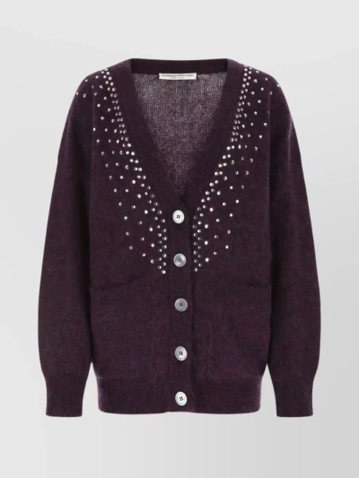ALESSANDRA RICH V-NECK OVERSIZED CARDIGAN WITH RHINESTONES AND PEARL EMBELLISHMENTS